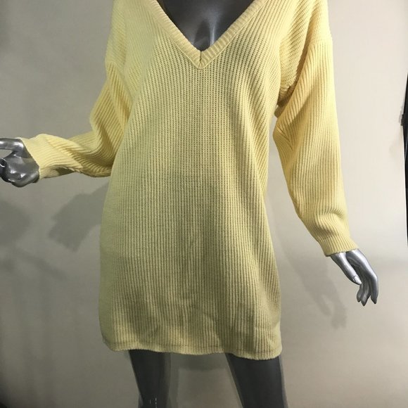 Vintage Women's Medium Large Yellow V Neck Sweater Dress - Picture 4 of 13